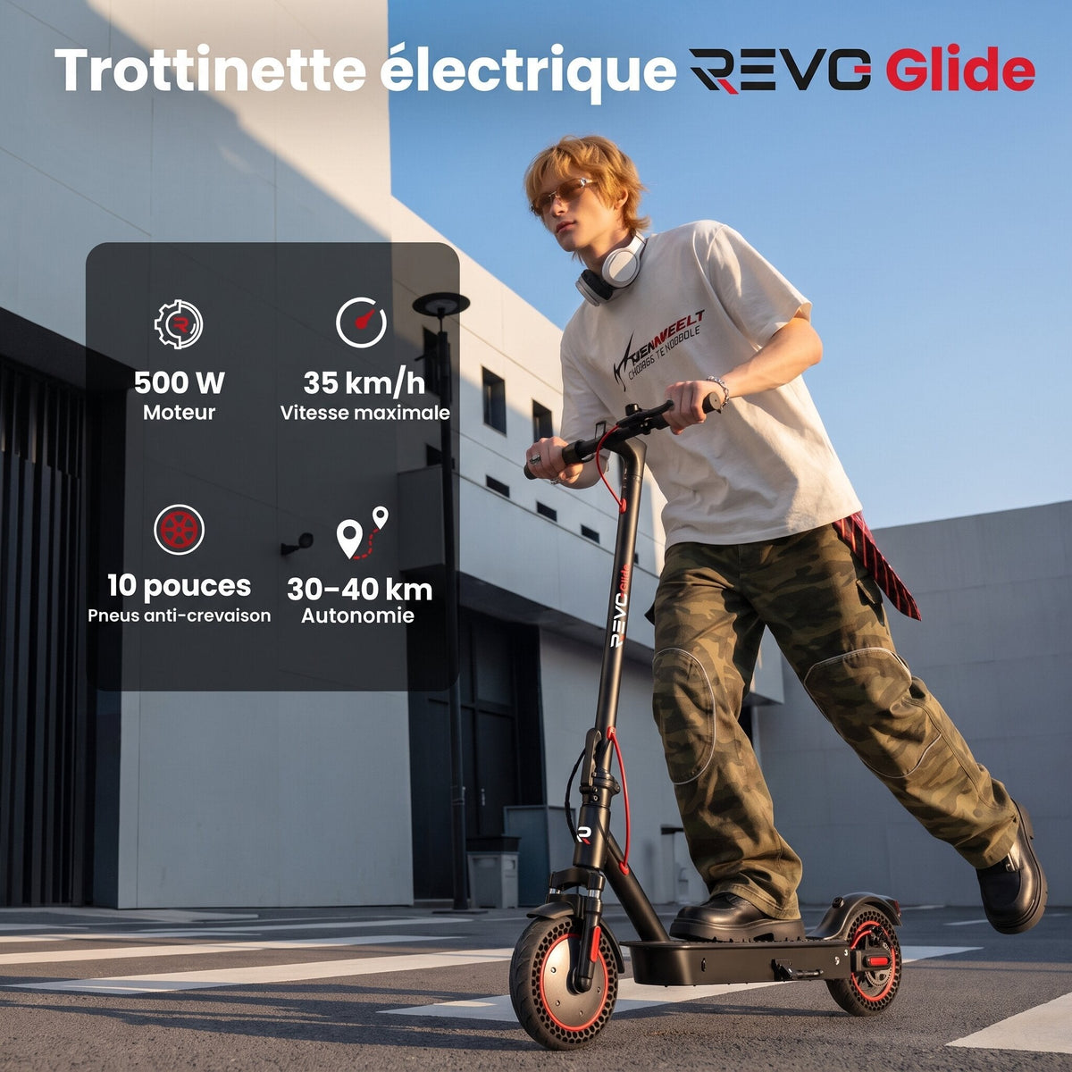 Trottinette Électrique REVO Glide – 500 W – Autonomie 40 km – Batterie 36 V 10 Ah – Pneus 10 – Application Connectée