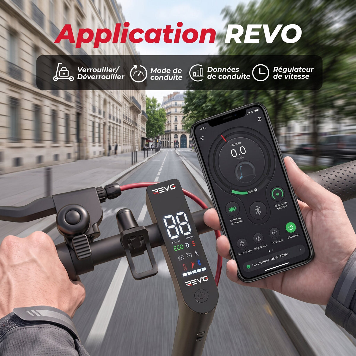 Trottinette Électrique REVO Glide – 500 W – Autonomie 40 km – Batterie 36 V 10 Ah – Pneus 10 – Application Connectée