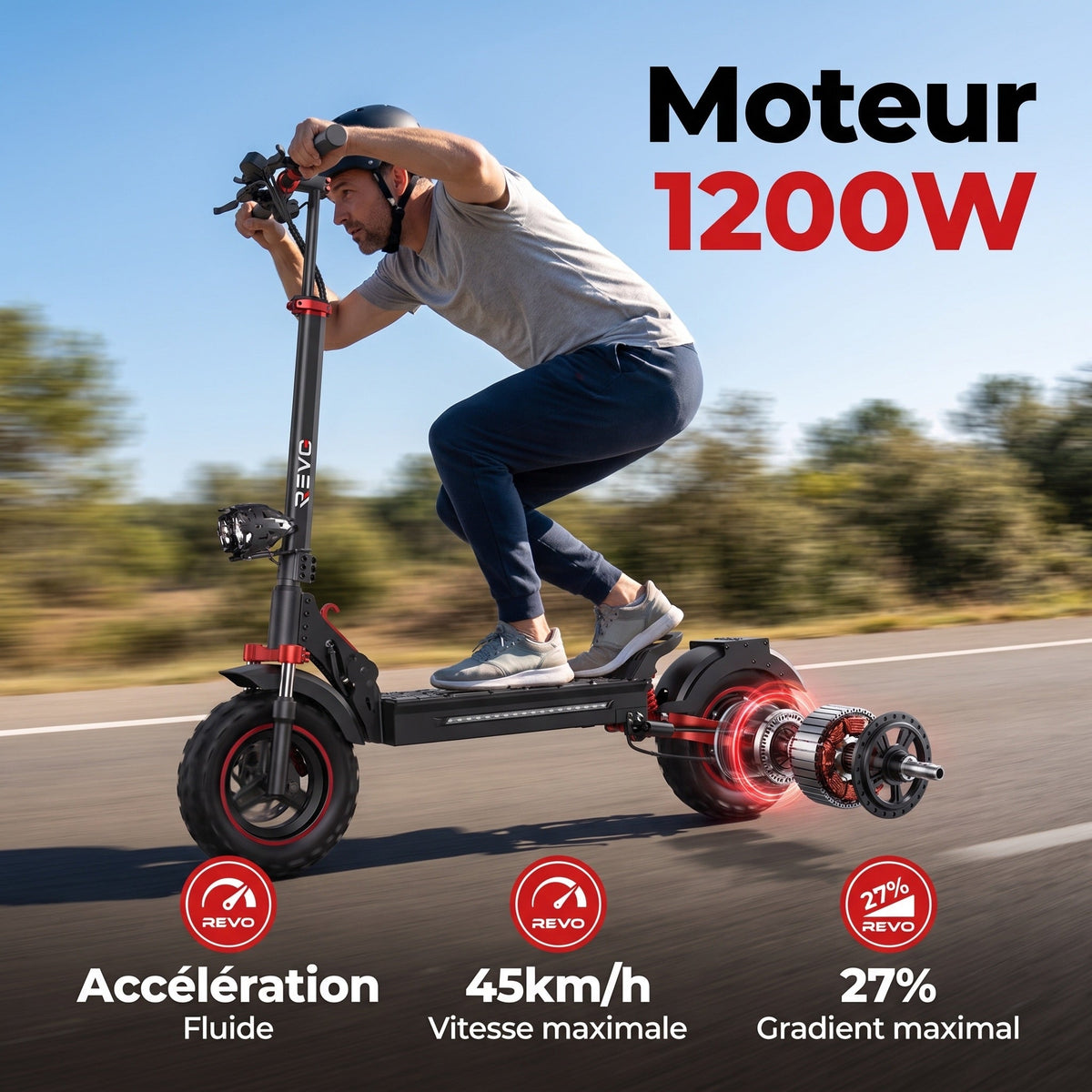 Trottinette Électrique REVO Peak – 1000 W (pointe 1200 W) – Autonomie 55 km – Batterie 48V 15Ah – Pneus 11 Tout-Terrain