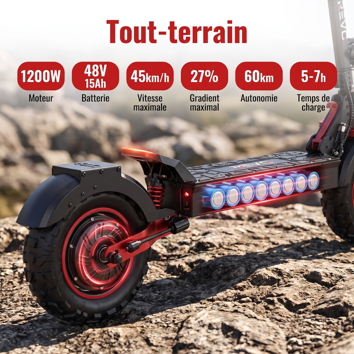 Trottinette Électrique REVO Peak – 1000 W (pointe 1200 W) – Autonomie 55 km – Batterie 48V 15Ah – Pneus 11 Tout-Terrain