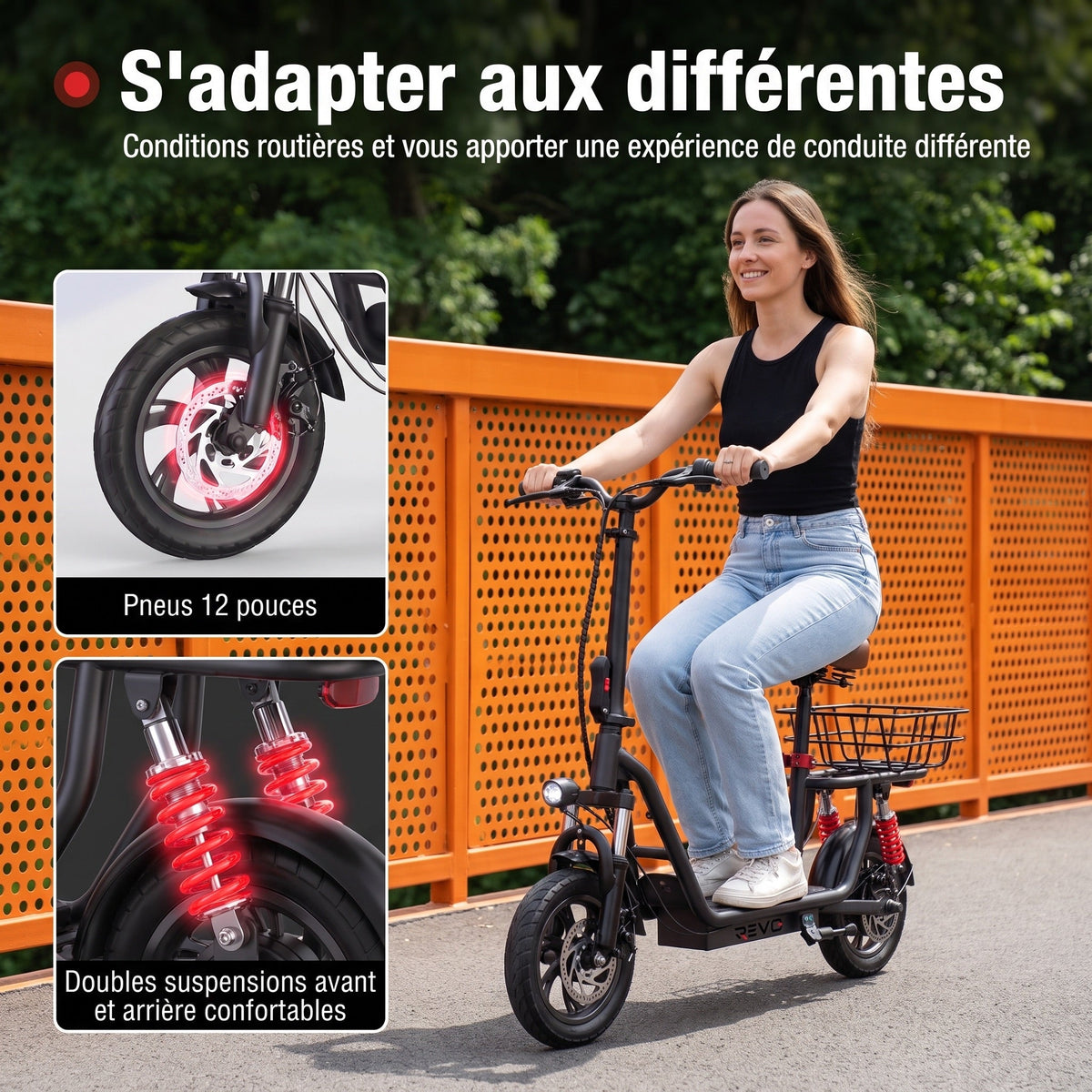 Trottinette Électrique REVO Zenith – 500 W – Autonomie 35 km – Batterie 36V 7,5Ah – Pneus 12 – Avec Siège