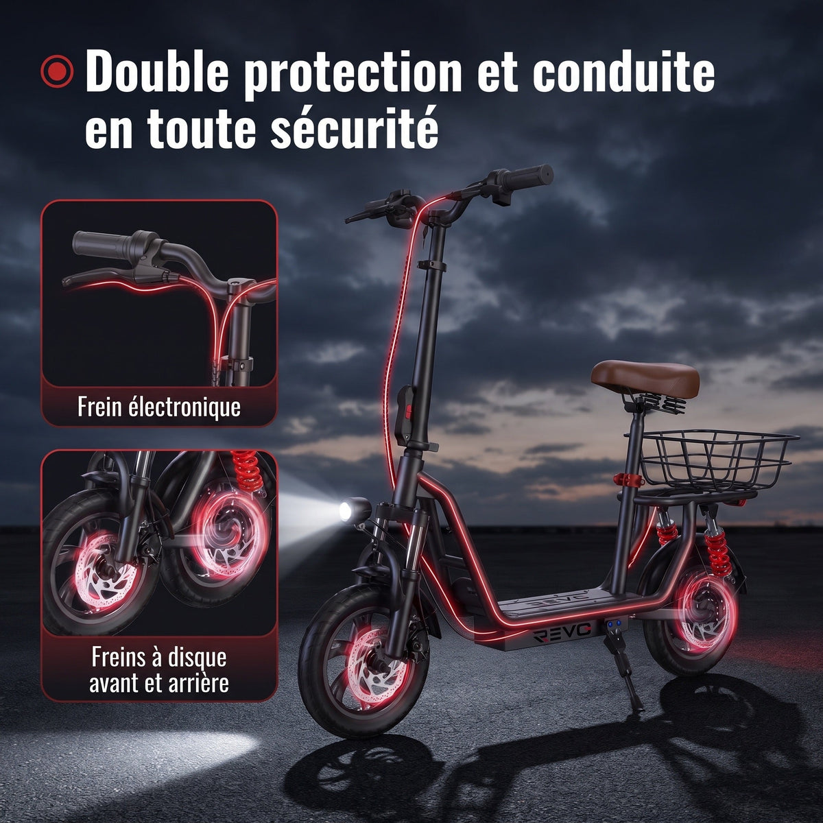 Trottinette Électrique REVO Zenith – 500 W – Autonomie 35 km – Batterie 36V 7,5Ah – Pneus 12 – Avec Siège