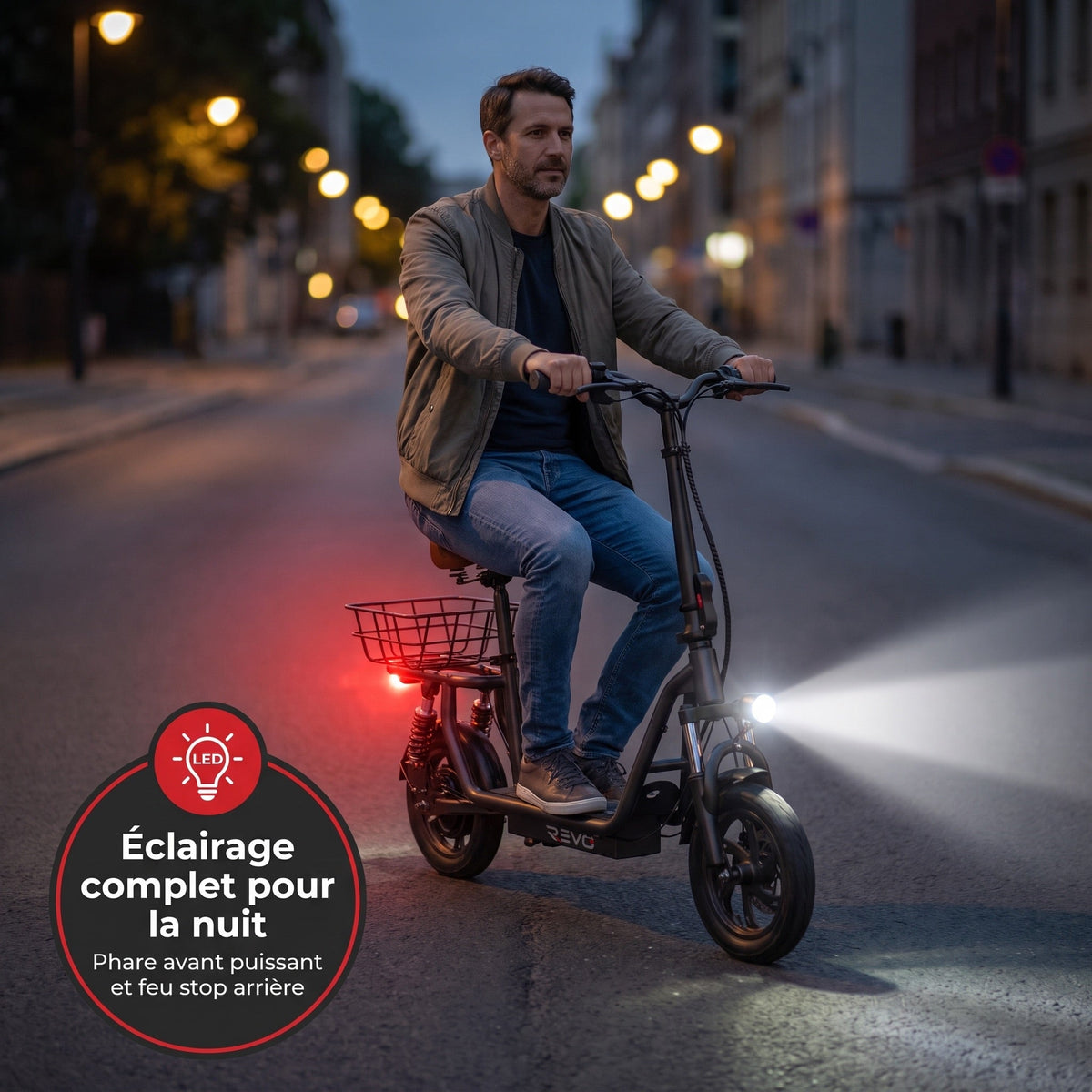 Trottinette Électrique REVO Zenith – 500 W – Autonomie 35 km – Batterie 36V 7,5Ah – Pneus 12 – Avec Siège