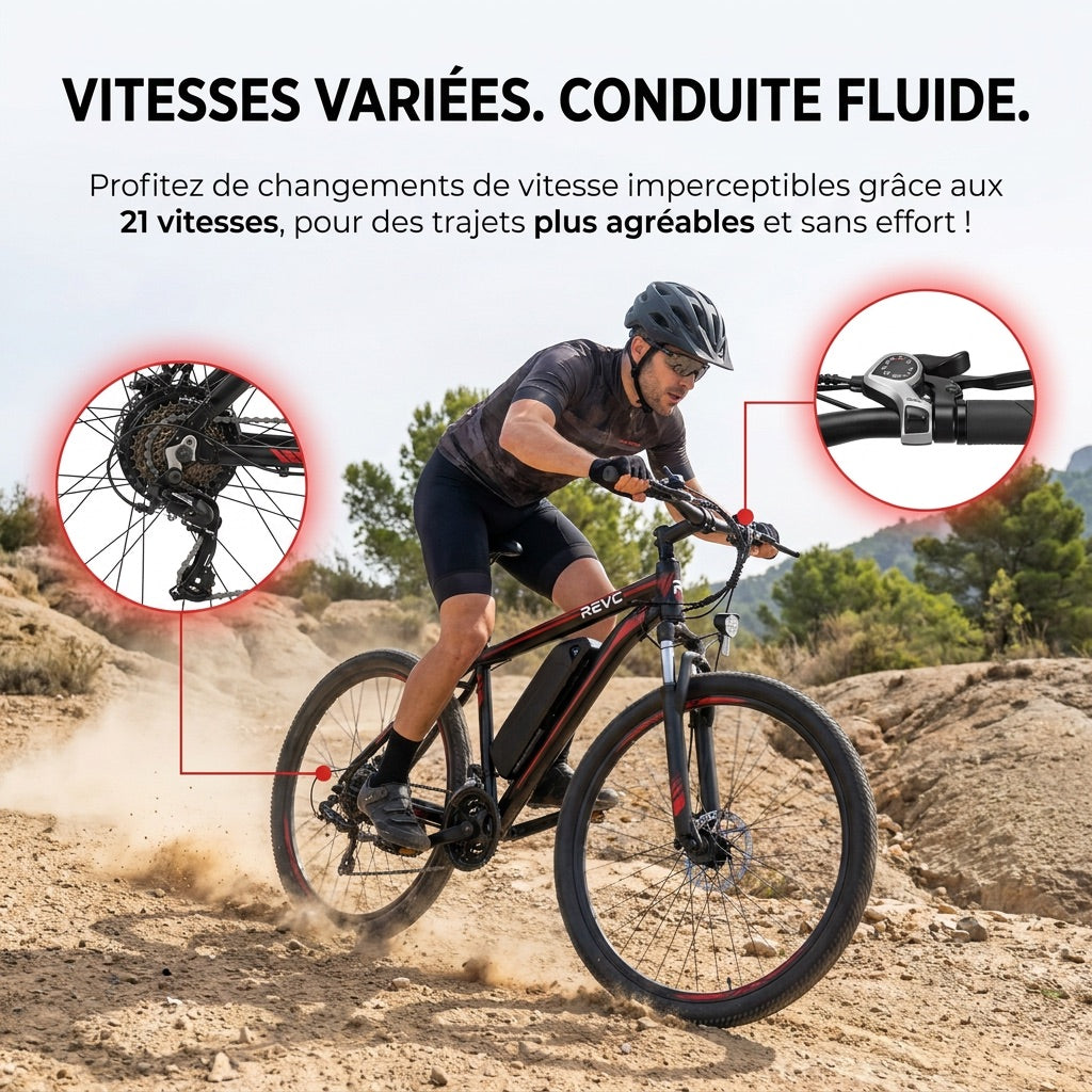 Vélo Électrique VTT REVO Ridge 65 – 250 W – Autonomie jusqu’à 65 km – Batterie Amovible 13 Ah – 21 Vitesses – Pneus 26**
