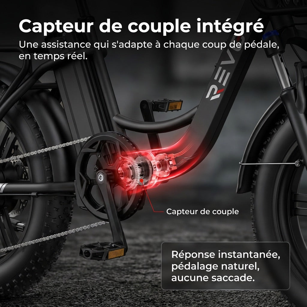Vélo Électrique Fat Bike REVO Terra Boost – 250 W – Autonomie jusqu’à 126 km – Batterie 48 V 13 Ah – Couple 75 Nm – Pneus 20 x 4