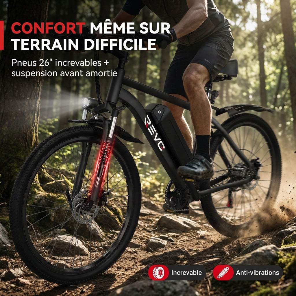 Vélo Électrique VTT REVO Trail – 250 W – Autonomie 35 à 90 km – Batterie 36 V 10,4 Ah – Pneus 26 – 7 Vitesses