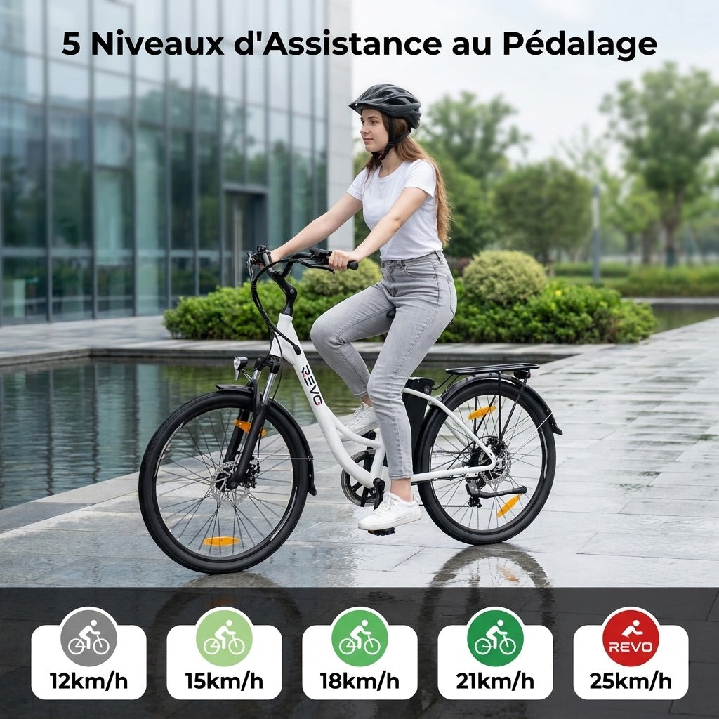 Vélo Électrique REVO CityFlow – 250 W – Autonomie 90 km – Batterie 561,6 Wh – Shimano 7 Vitesses – Roues 26